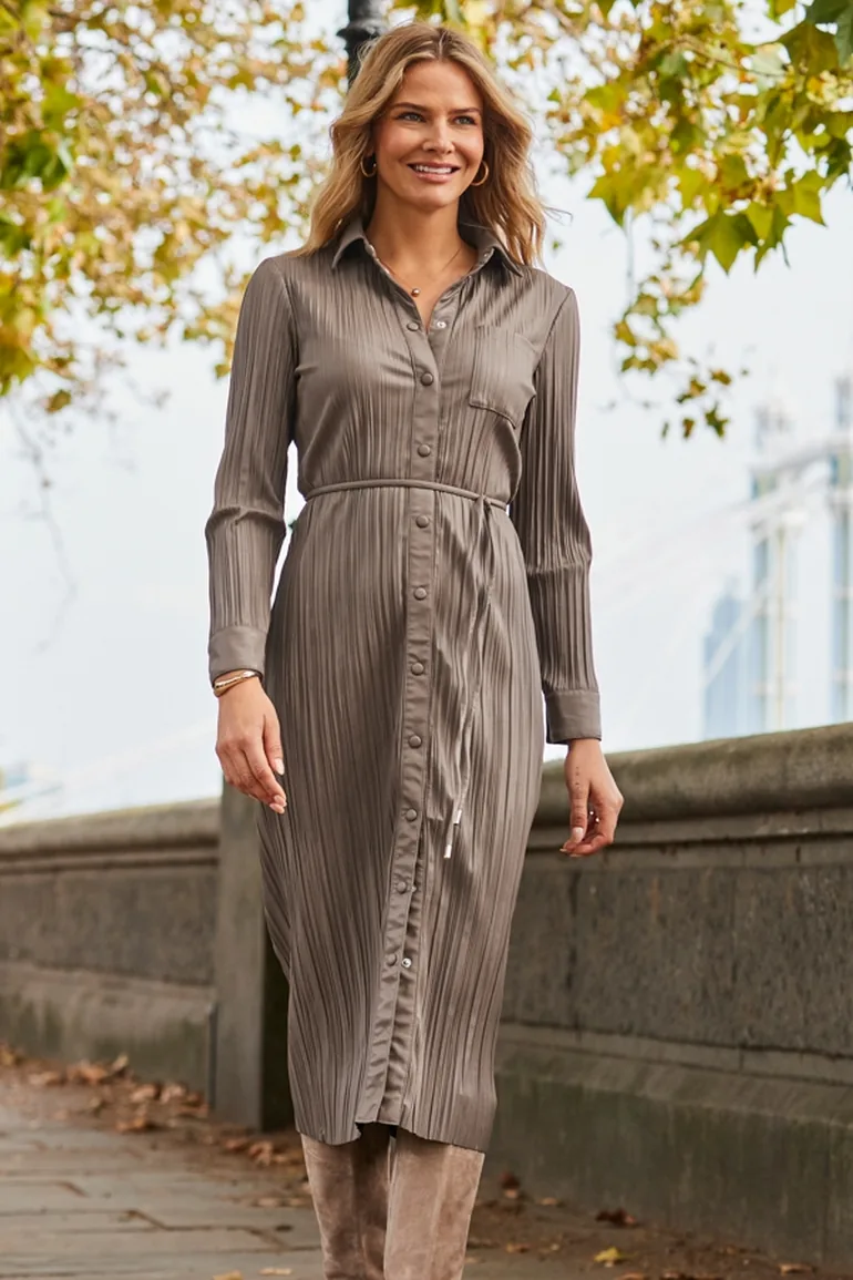 Taupe Leather Look Plisse Shirt Dress With Belt - 3