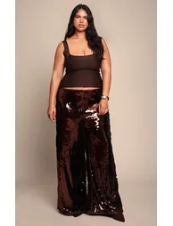 Plus Dark Chocolate Sequin Wide Leg Floaty Trousers