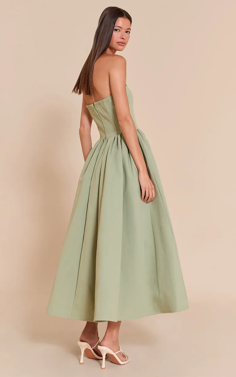 Sage Woven Bandeau Ruched Skater Midaxi Dress - 1
