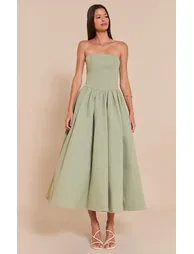 Sage Woven Bandeau Ruched Skater Midaxi Dress