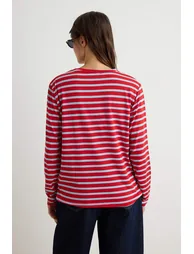 Red Striped Regular/Normal Fit Basic Crew Neck Knitted T-Shirt - 3