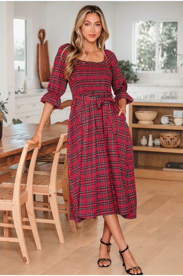 Lvness Red Tartan Plaid Square Neck Puff Sleeve Knot Waist Flared Midi Dress