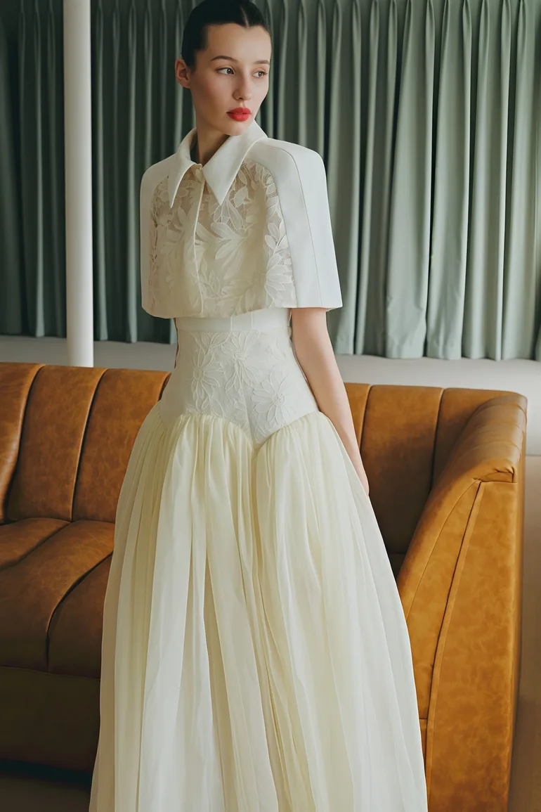 Brooke White Lace Panel Cape & Dress Set - 3