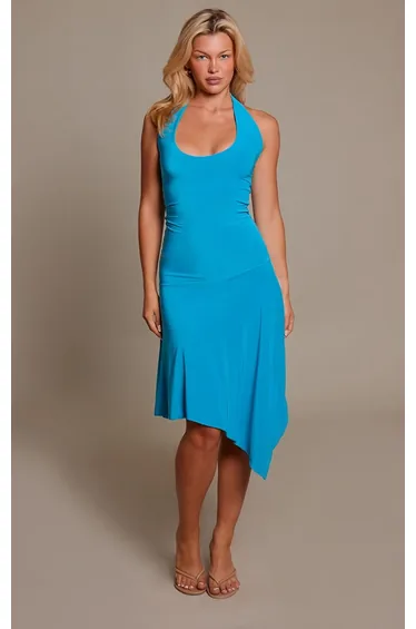 Blue Slinky Scoop Neck Hanky Hem Midi Dress
