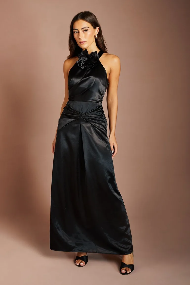 3d Corsage Halterneck Drape Satin Maxi Dress