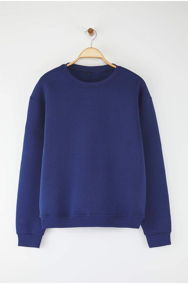 Navy Blue Oversize/Wide Cut Cotton Basic Thick Sweatshirt with Polar Fleece Inside