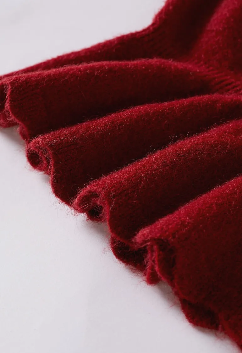 Elasticated Flare Cuffs Ruffle Hem Knit Sweater in Red for Cozy Days & Casual Chic - 3