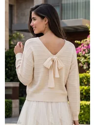 V-Back Bow Tie Waffle Knit Sweater in Cream - 2