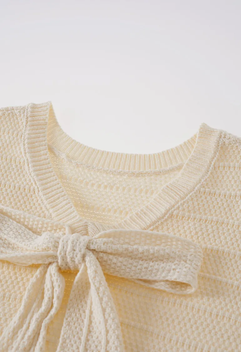 V-Back Bow Tie Waffle Knit Sweater in Cream - 5