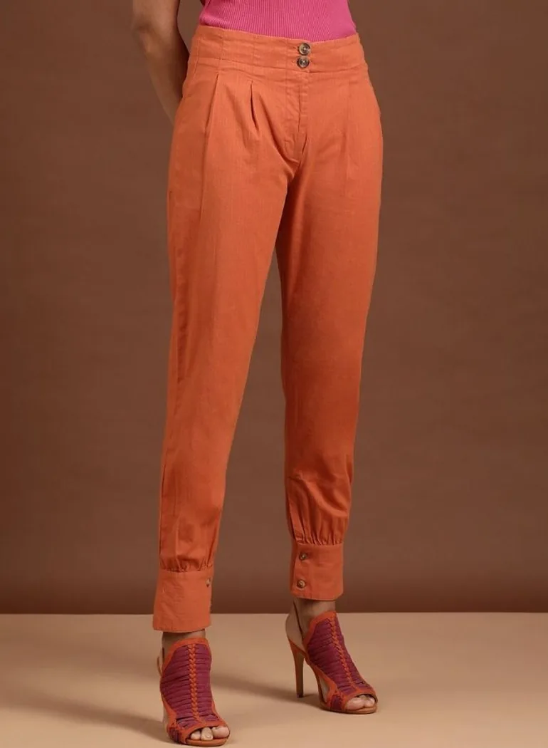 Women Orange Tapered Fit Solid Pants - 2