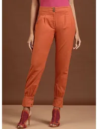 Women Orange Tapered Fit Solid Pants - 1