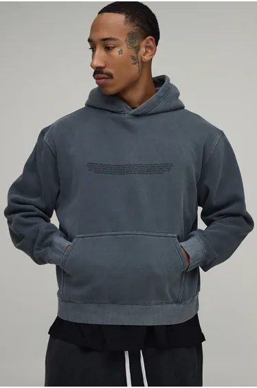 Oversized Boxy Text Washed Hoodie - washed charcoal