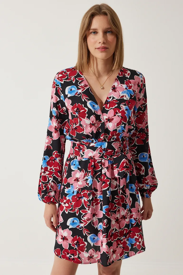 Women's Black Red Deep V-neck Patterned Summer Dress - 1