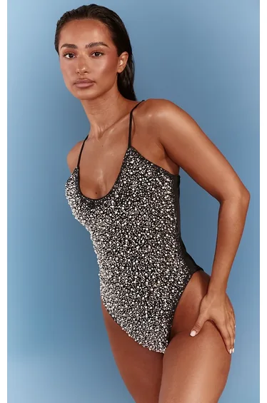 Black Embellished Sequin Scoop Swimsuit