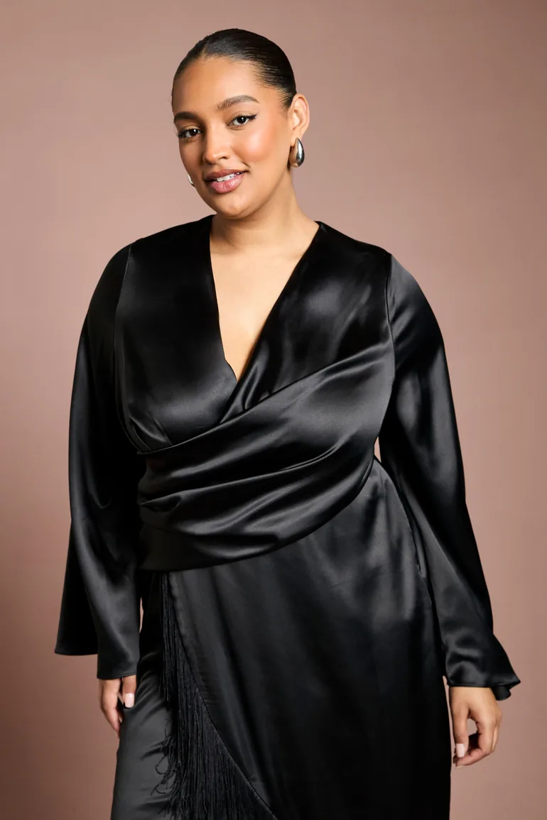 Plus Satin Wrap Dress With Fringe Detail - 1