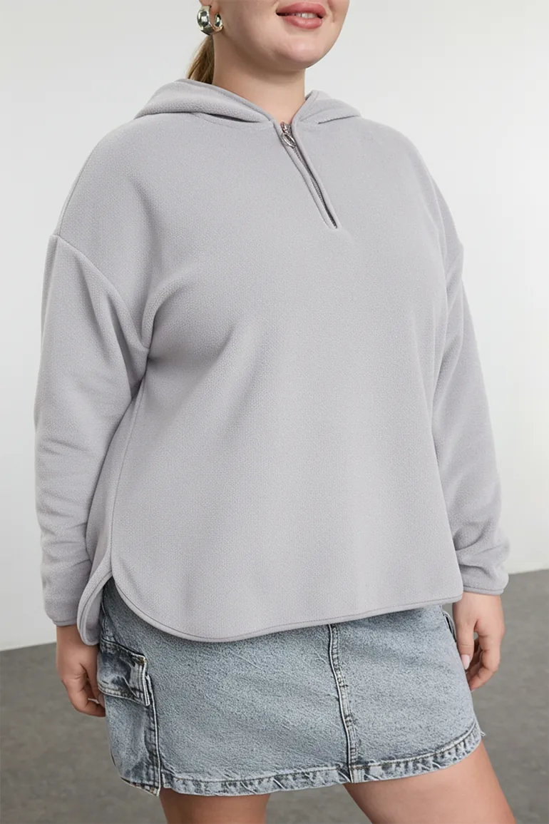 Gray Hooded Basic Knitted Sweatshirt - 4