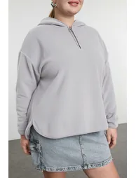 Gray Hooded Basic Knitted Sweatshirt - 4