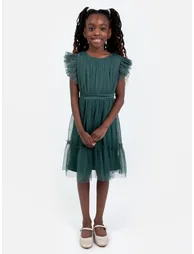 Mini Anaya Recycled Emerald Flutter Sleeve Midi Dress with Bow Detail