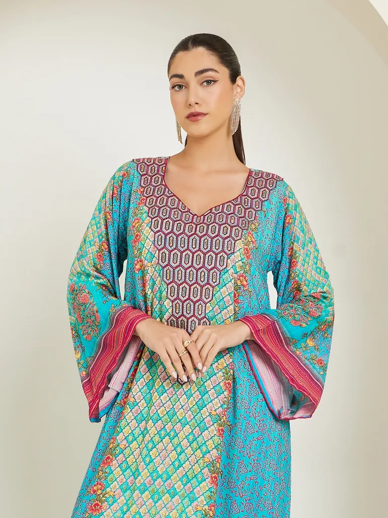 Blue Printed A-Line Jalabiya - 1