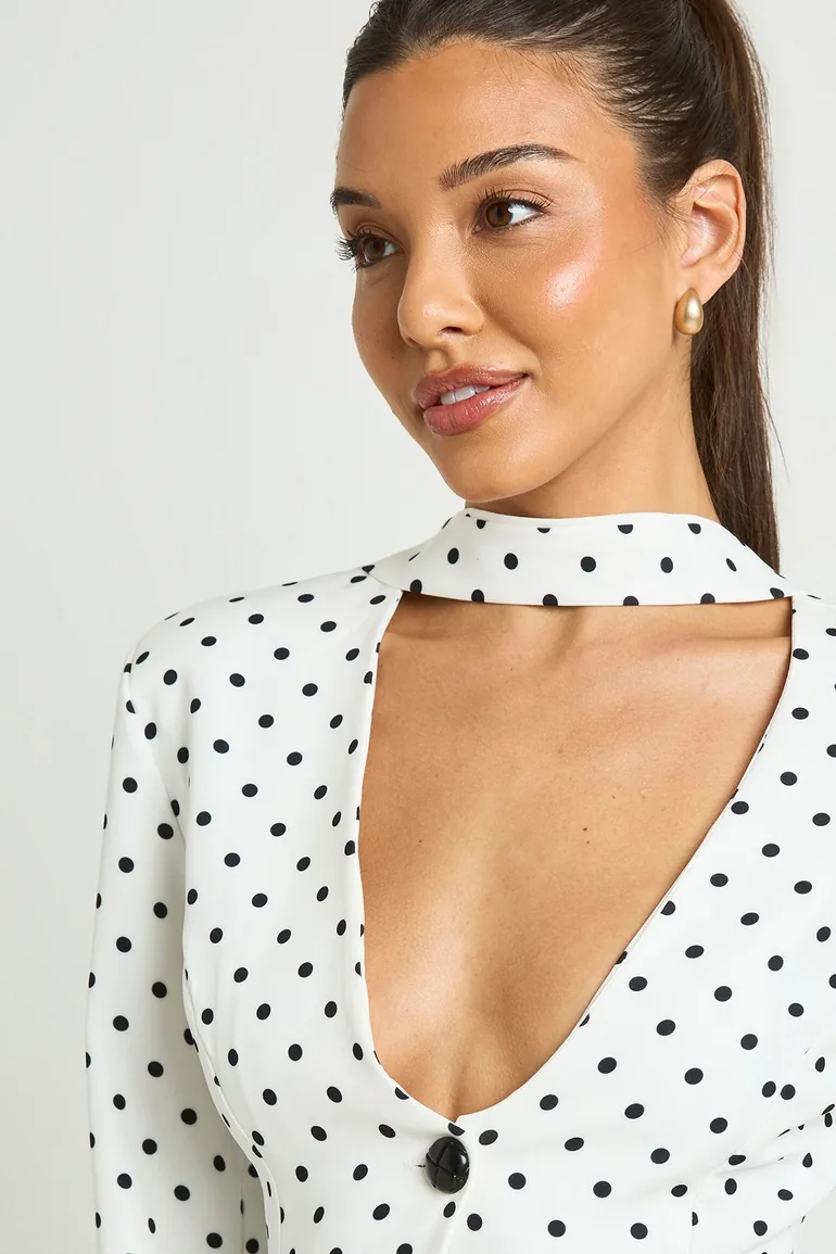 Polka Dot Scarf Detail Fitted Blazer - white - 3
