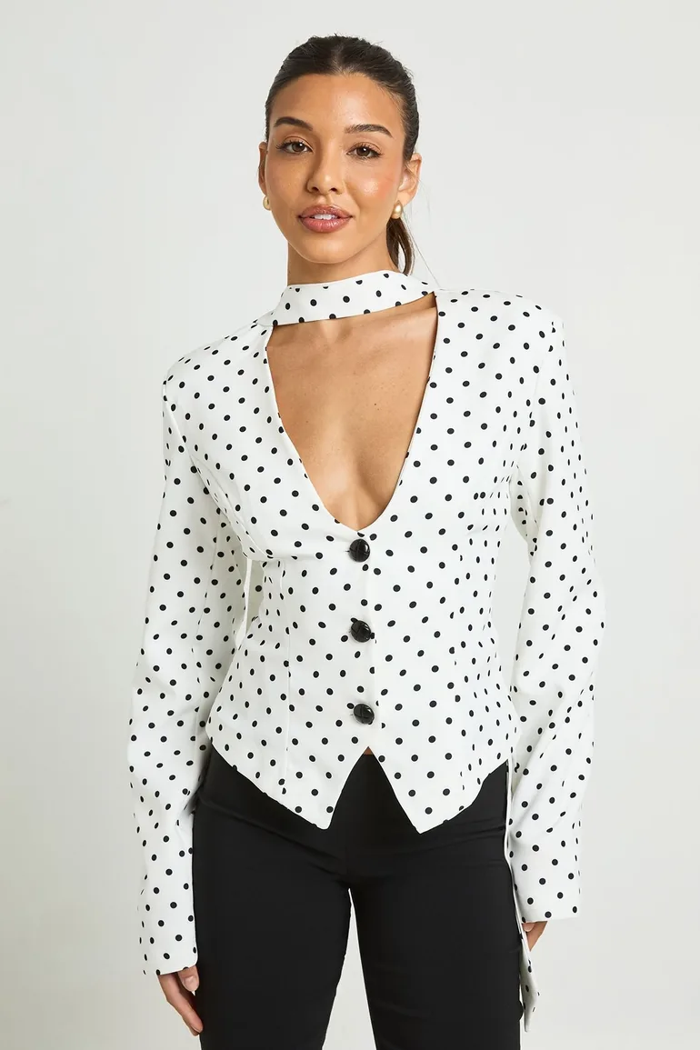 Polka Dot Scarf Detail Fitted Blazer - white