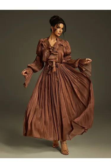 Nereus V Neck Ruffle Maxi Dress In Coffee