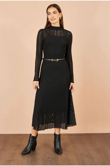 Yumi Black High Neck Lace Midi Dress