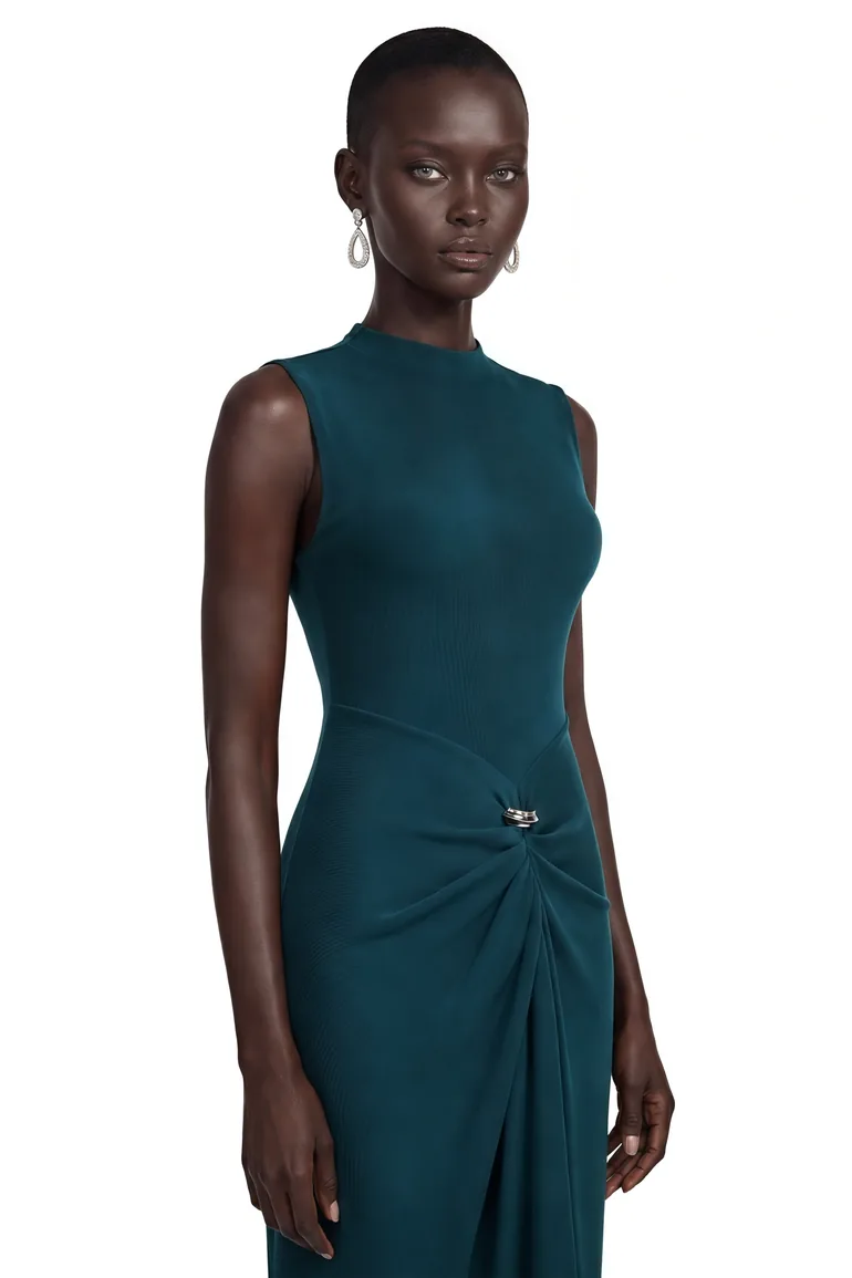 Kamila Dark Green Asymmetrical Ruched Maxi Dress - 1