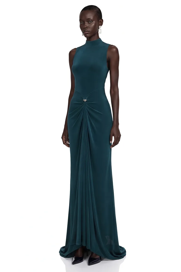 Kamila Dark Green Asymmetrical Ruched Maxi Dress - 4
