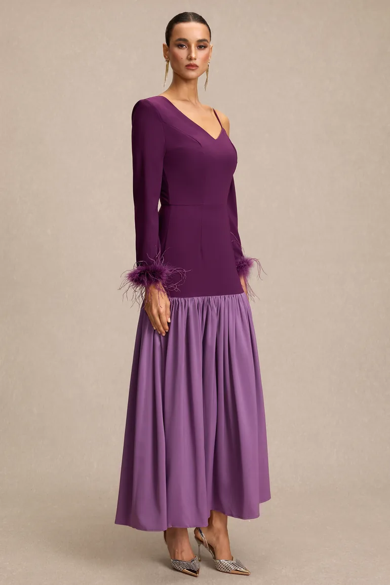Feather Satin Asymmetrical Neck Midi Dress - 5