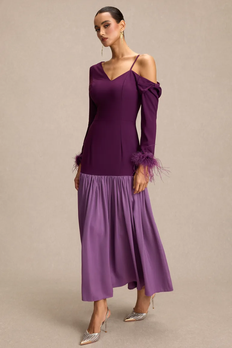 Feather Satin Asymmetrical Neck Midi Dress - 6