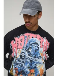 Oversized Washed Homme Gothic Graphic Distressed T-Shirt - washed black - 2