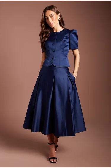 Satin Pleat Front Midi Full Skirt