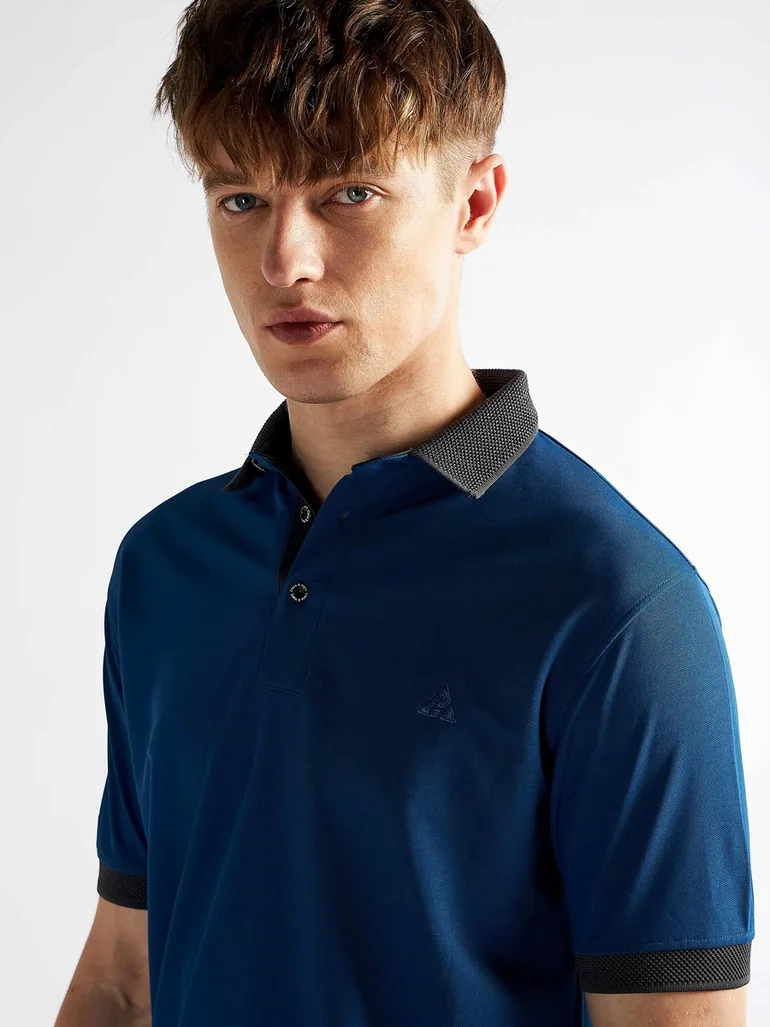 Men Blue Jacquard Collar Knitted Polo - 3