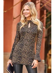 Leopard Print Keyhole Detail Fluted Cuff Jersey Top - 1