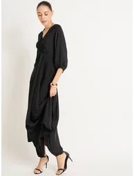 Black Satin Front Twisted Dress - 1