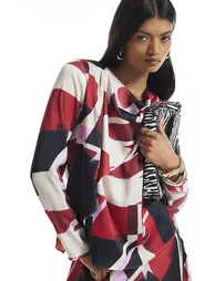 Red Satin Colour Block Cowl Neck Top - 2