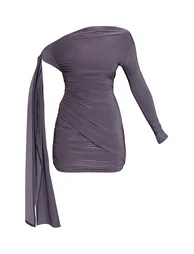 Charcoal Double Layer Slinky One Shoulder Mini Dress - 4