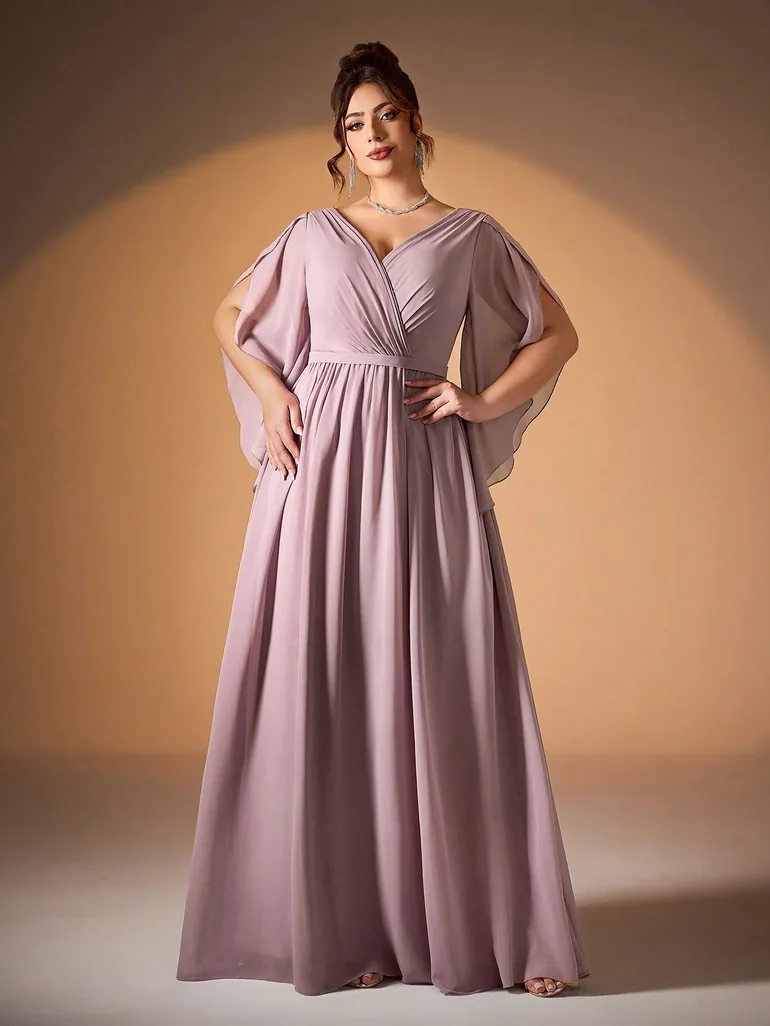 Leely Plus Women's Elegant V-Neck Chiffon Bridesmaid Dress