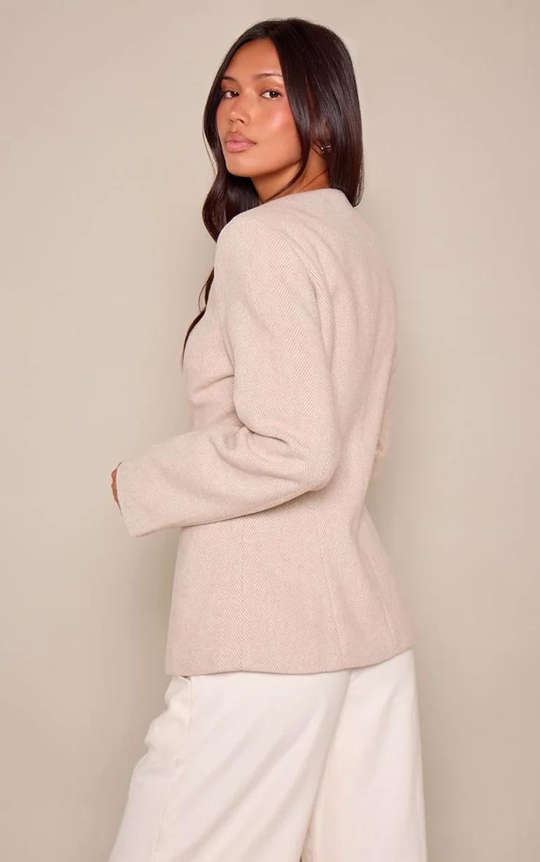 Beige Herringbone Faux Wool Cinched Jacket - 2