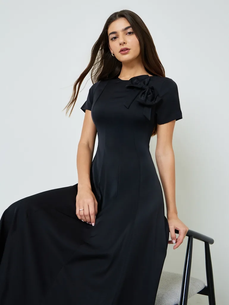 Black Bow Decor A-Line Midi Dress - 1