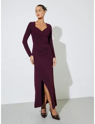 Burgundy Solid Side Slit Gathered Detail Sheath Maxi Dress