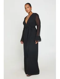 Plus Printed Button Detail Ruffle Sleeve Maxi Dress - black - 2