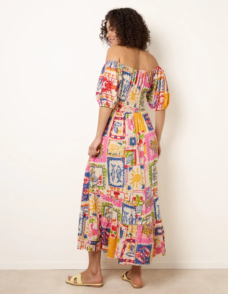 Postcard Tie Front Bardot Shirred Midi Dress - 4