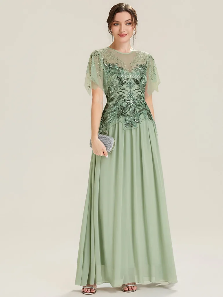 Short-Sleeve Ruffle Sequin Round-Neck A-Line Floor-Length Evening Dress