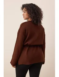 Brown waist belted long knit sweater - 6