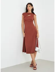 Solid Asymmetric Neckline A-Line Midi Dress - 1