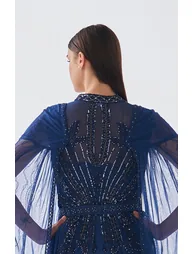 Evening Dress with Long Design and Flowing Sleeves - Dark Blue - 5