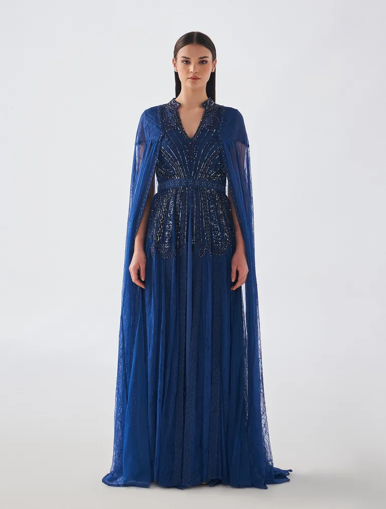 Evening Dress with Long Design and Flowing Sleeves - Dark Blue