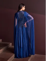 Evening Dress with Long Design and Flowing Sleeves - Dark Blue - 7